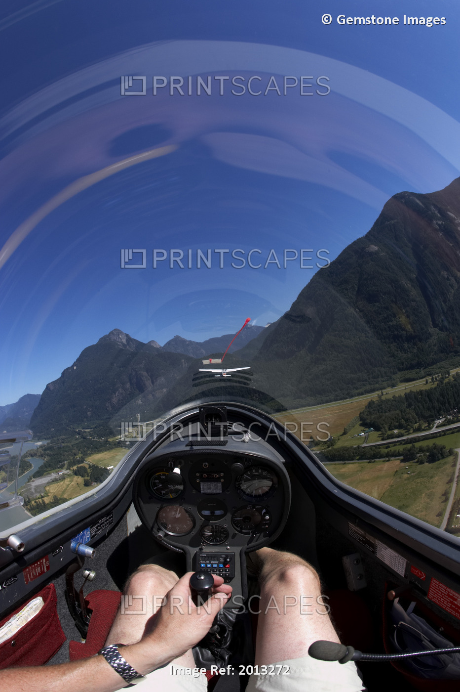 View From Cockpit Of Glider (Sail Plane) Mountains And Fraser River Below, ...