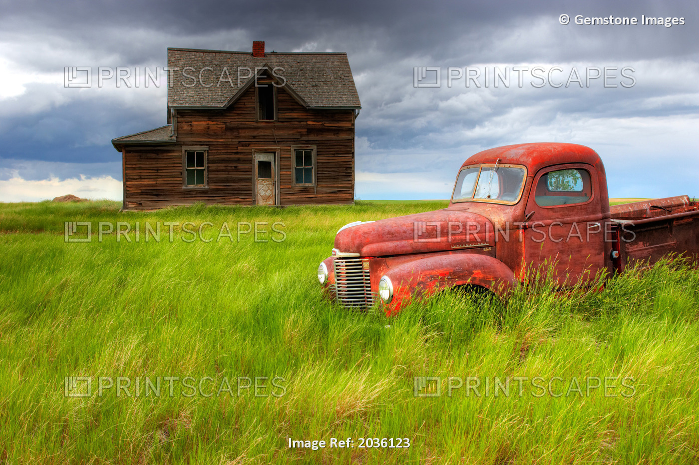 Abandoned Homestead House And Red Pick-Up Truck, Southwestern Saskatchewan