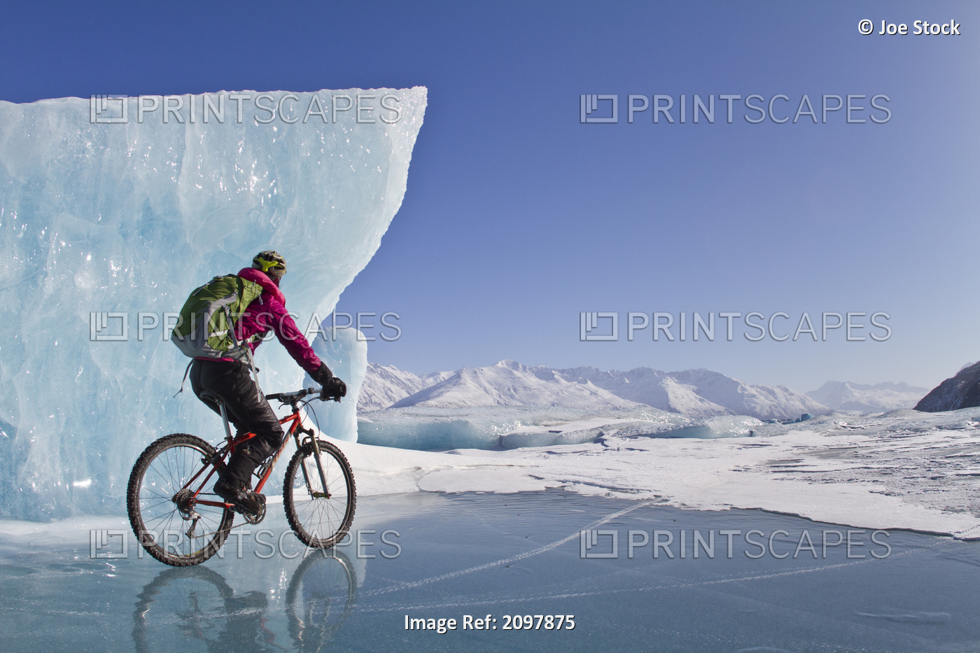 Woman Fat Tire Mountain Biking On Ice At The Knik Glacier, Chugach Mountains, ...