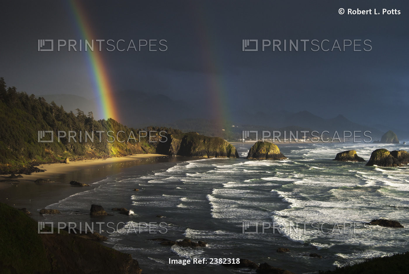Rainbows Seen Through Storm Clouds Over Crescent Beach; Cannon Beach, Oregon, ...