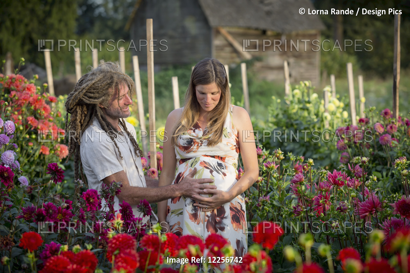A Couple Touching The Woman's Pregnant Belly While Standing In A Flower Garden; ...