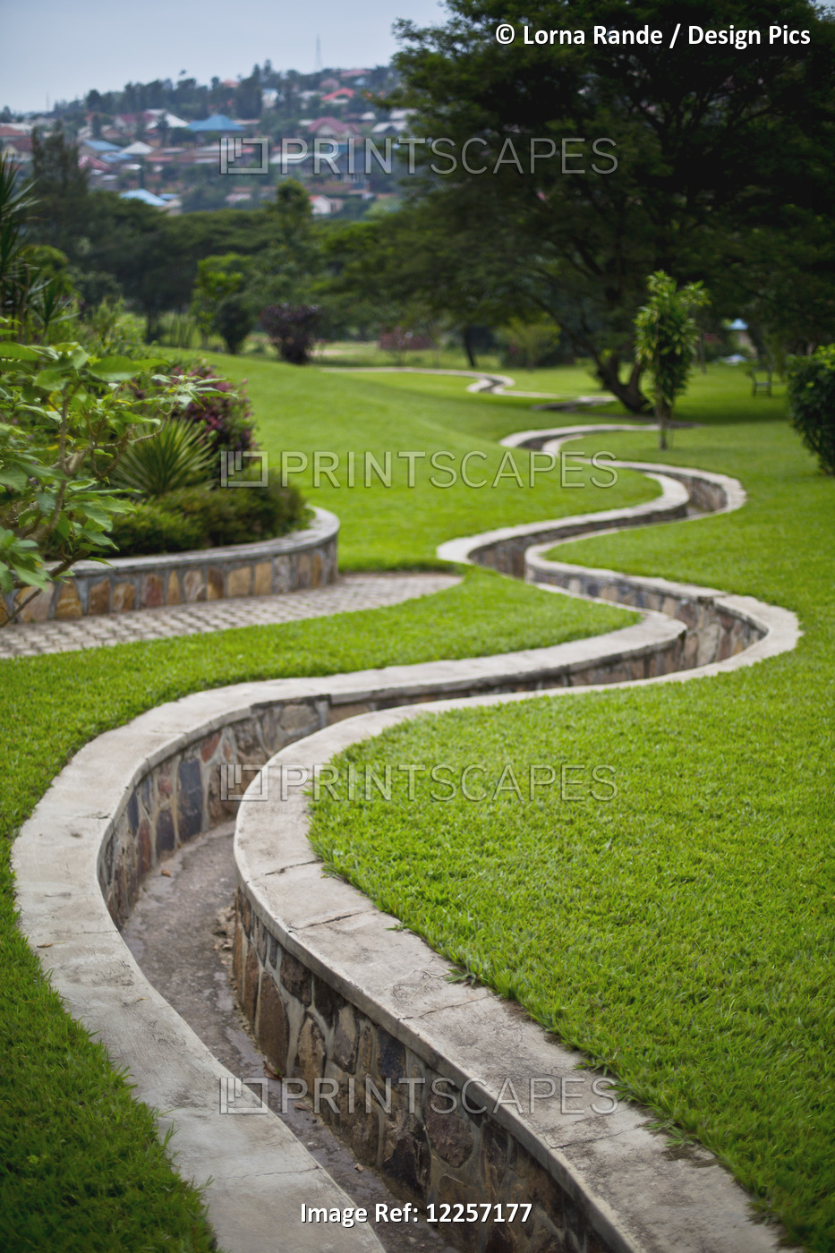 A Stone Walled Path Winding Through Gardens; Kigali, Rwanda