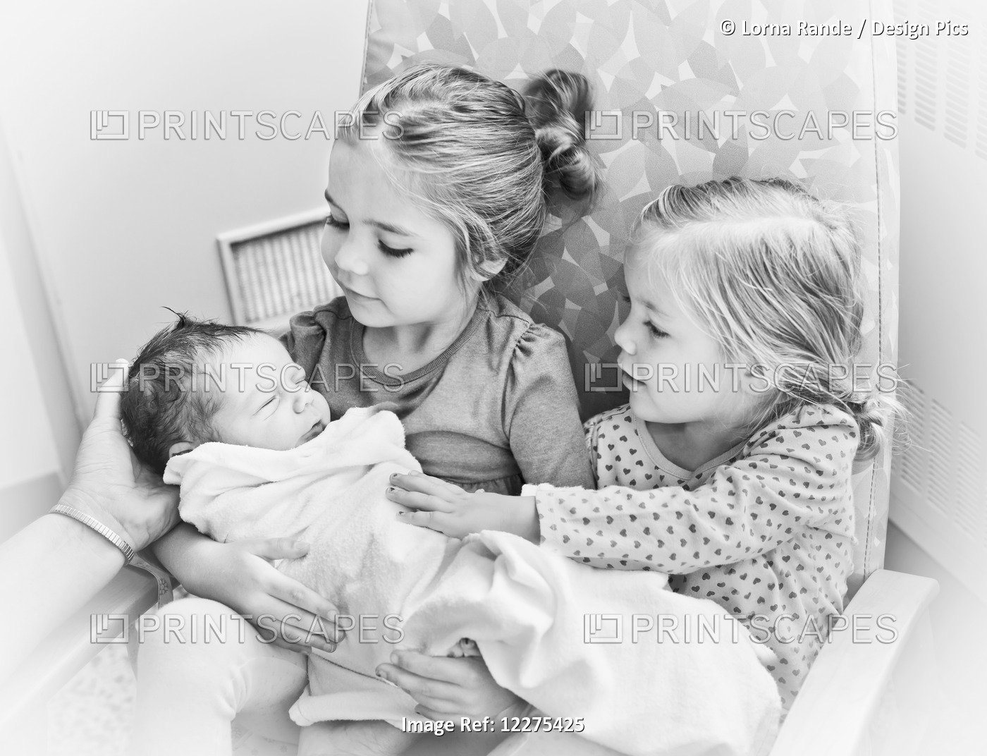 Portrait Of Two Sisters Holding Newborn Baby Brother; Vancouver, British ...