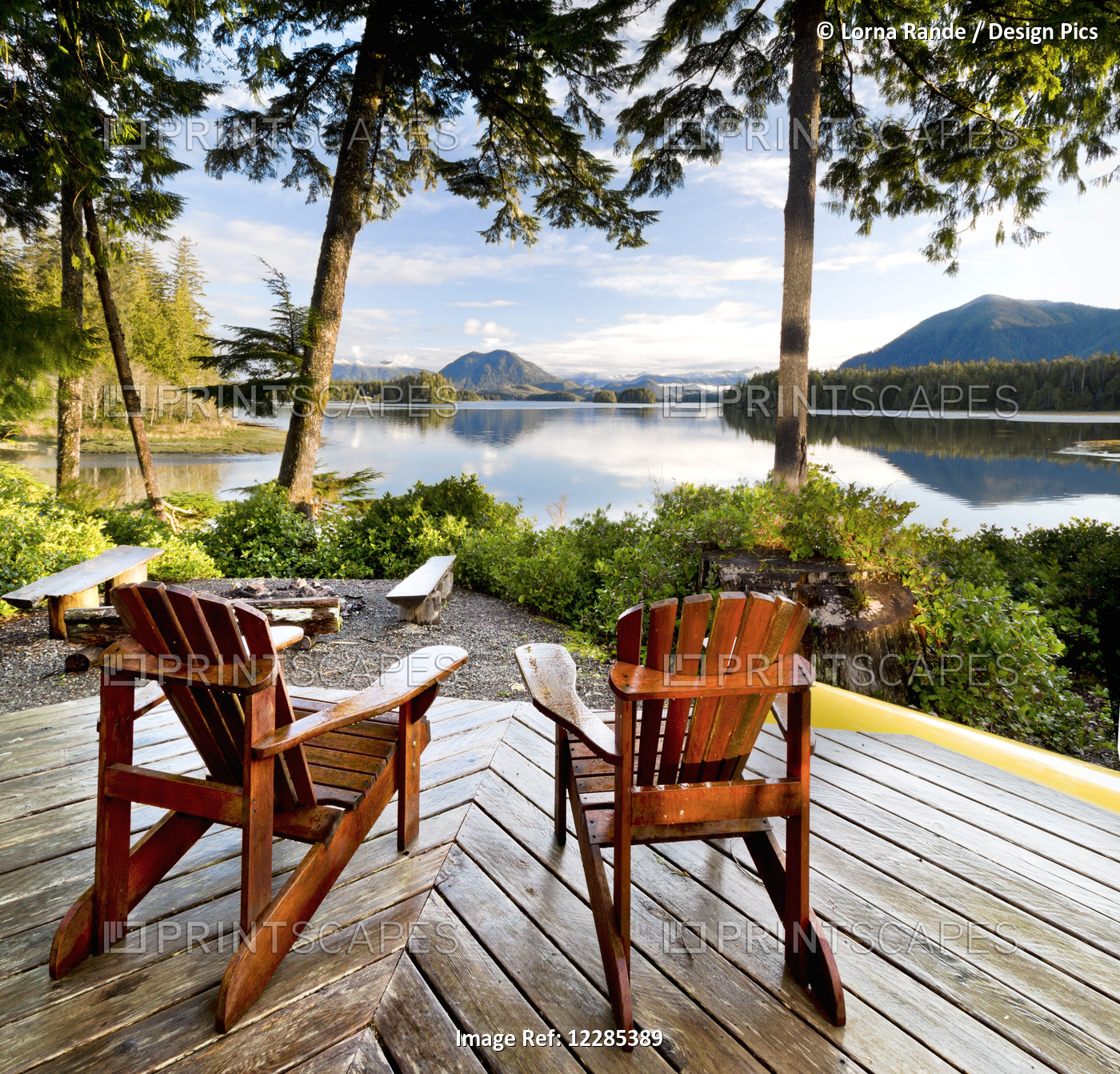 Wooden Adirondack Chairs On A Deck Overlooking The Water, Tofino Chalet On ...