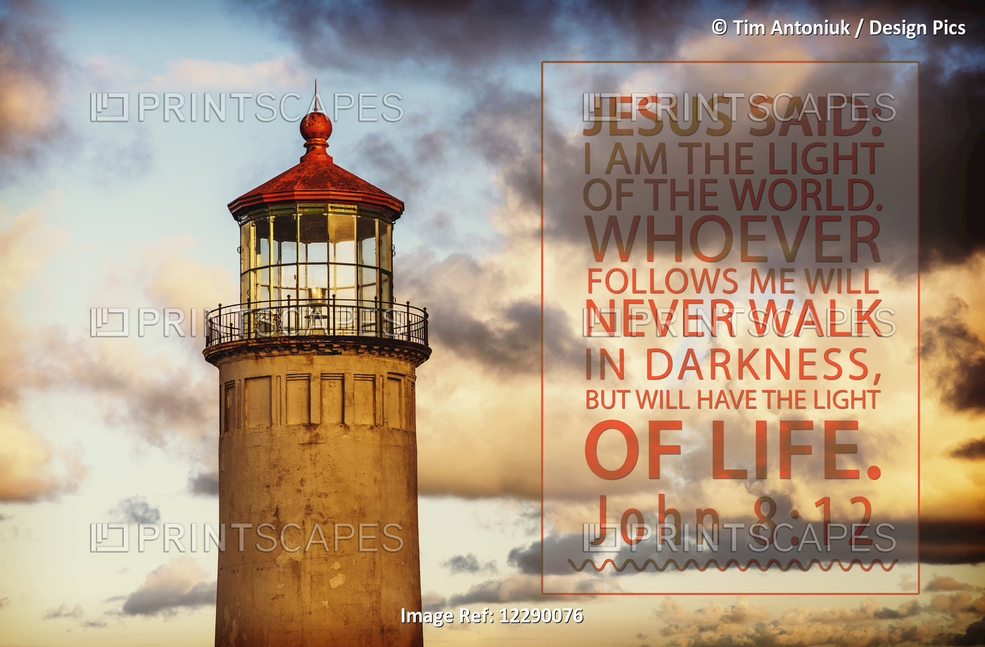 Image Of A Lighthouse Under A Sky Of Glowing Clouds And A Scripture From John ...