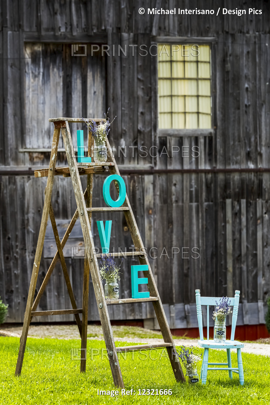 Wooden Ladder On Grassy Lawn With "l O V E" Letters Placed On Steps With Old ...