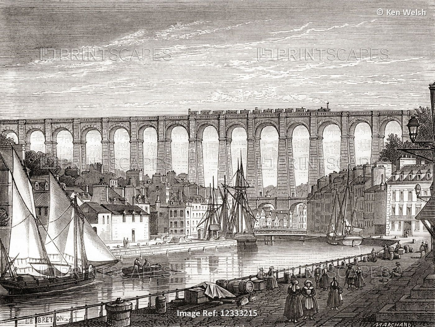 The railway from Paris to Brest crossing the Morlaix Viaduct, France,1863.  ...