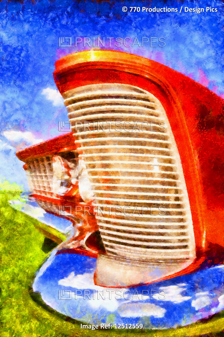 Digital painting of the grill and fender of an orange classic car