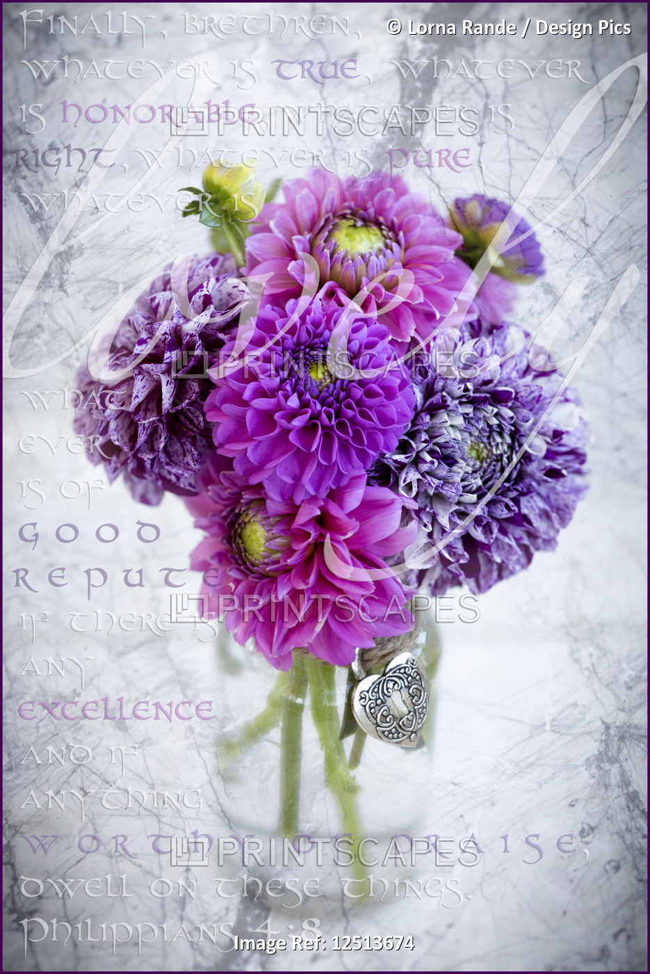 Marbled purple dahlia's arranged in a glass jar with Philippians 4:8 written in ...