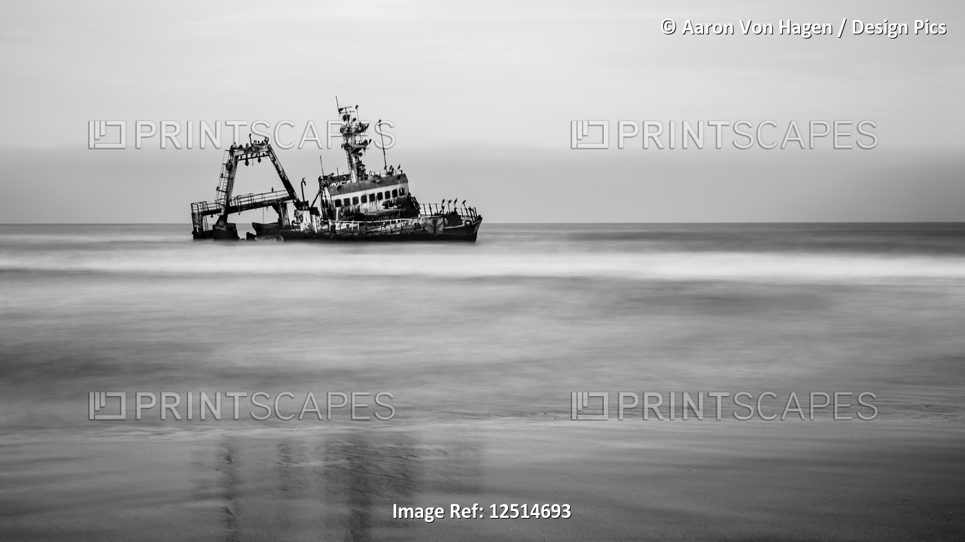Black and white image of a shipwreck on Skeleton Coast; Sossusvlei, Hardap ...
