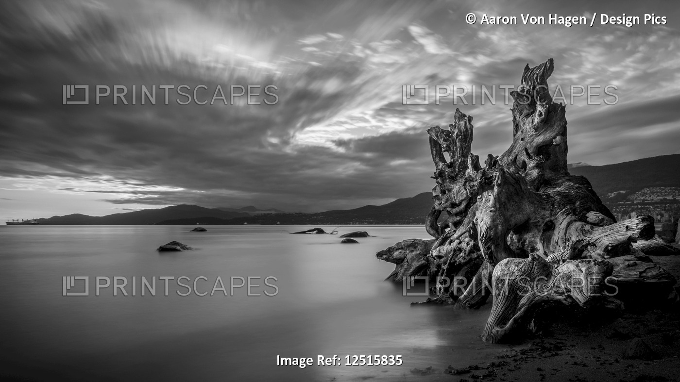 Long exposure of driftwood at the water's edge and a view of the Vancouver ...