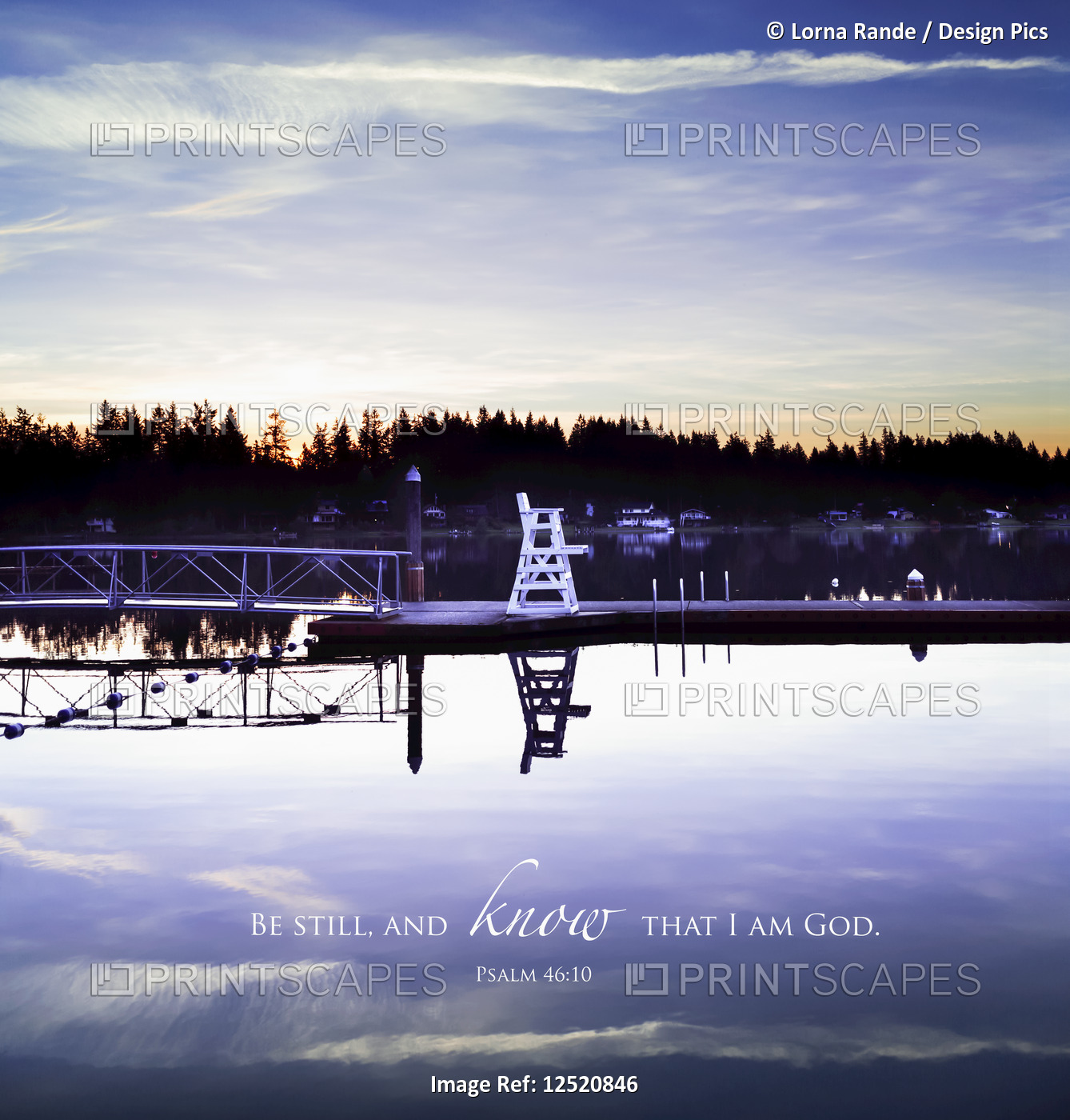 Scripture from Psalm 46:10 on a tranquil lake with a dock at sunset; Whidby ...