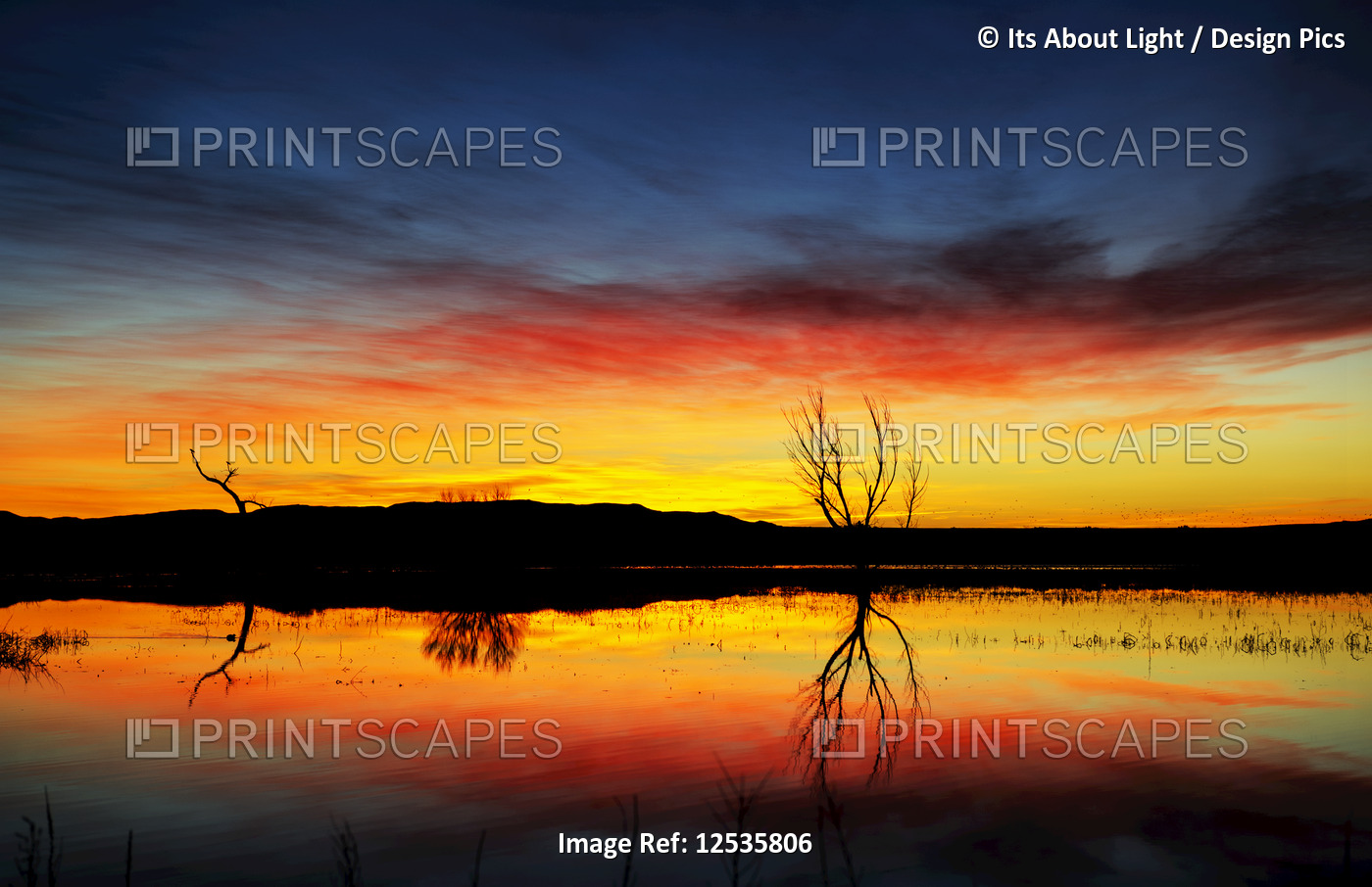 Dramatic sunrise over water, Bosque Del Apache Wildlife Refuge; New Mexico, ...