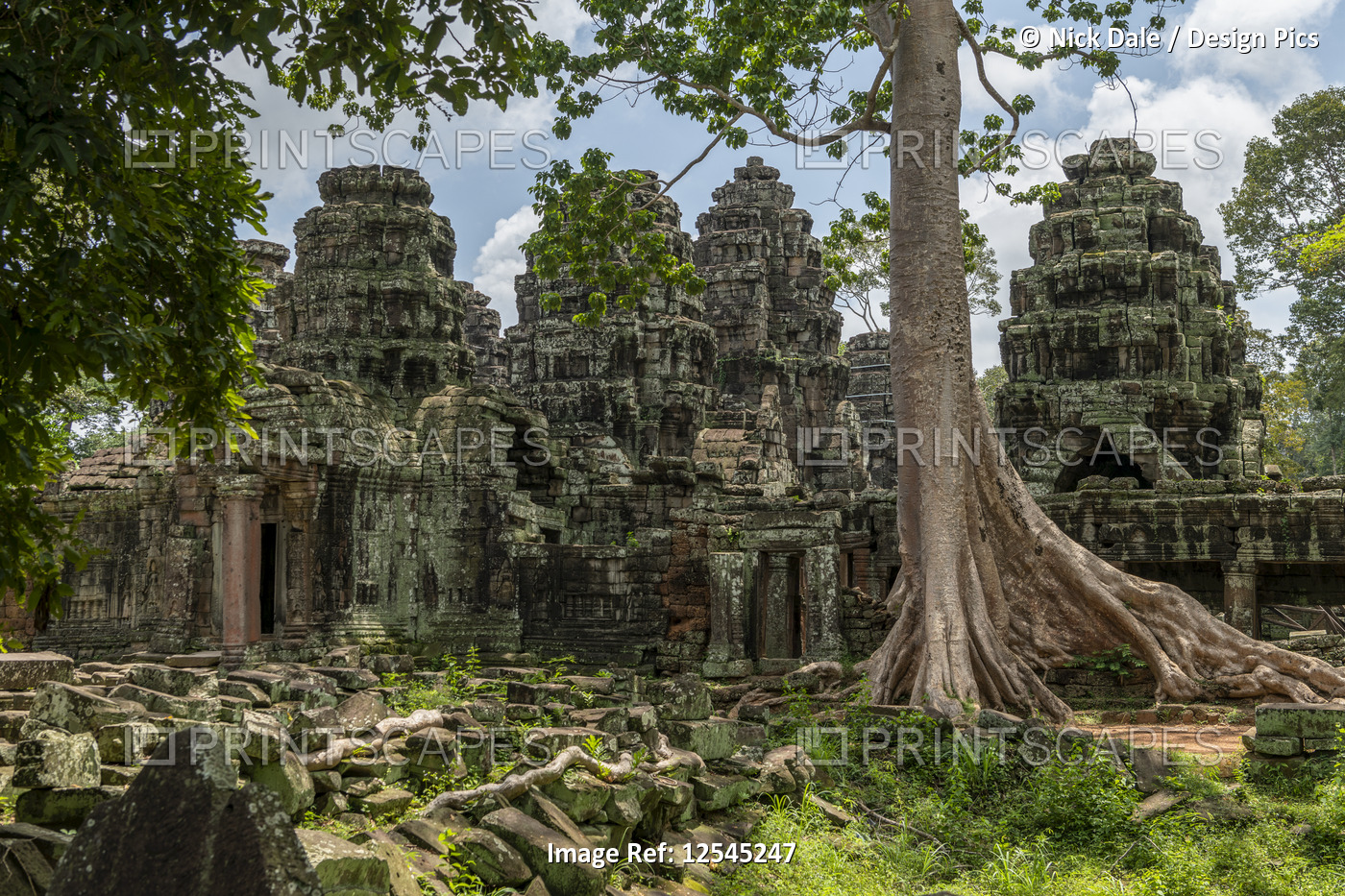 Fallen rocks and trees behind ruined temple, Banteay Kdei, Angkor Wat; Siem ...