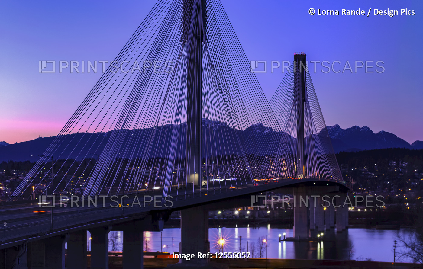 Port Mann Bridge at dusk, viewed from Surrey looking into Coquitlam; Surrey, ...