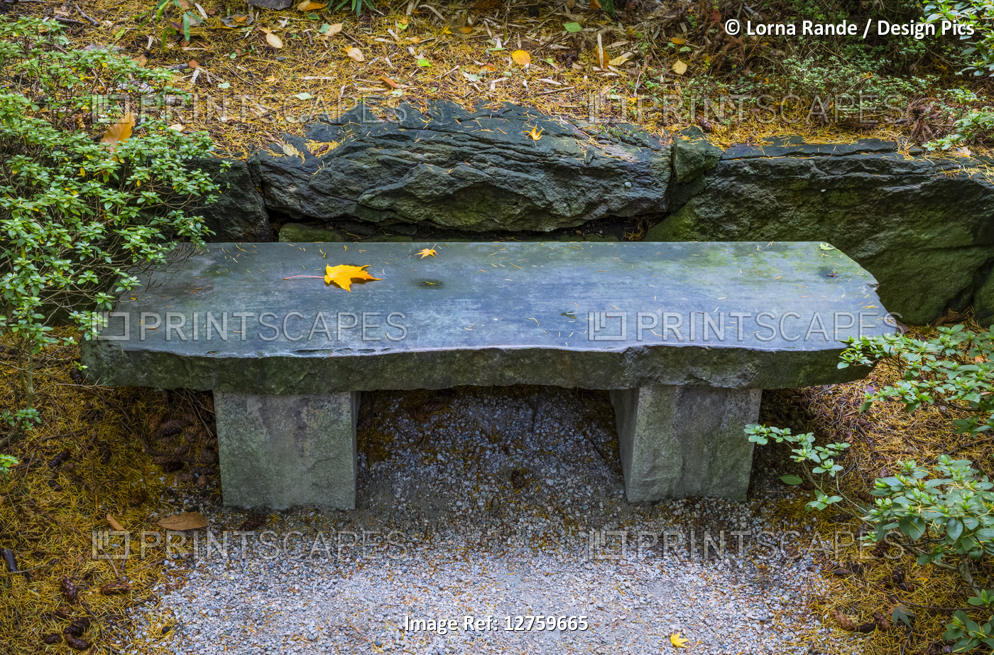 Stone bench, VanDusen Gardens; Vancouver, British Columbia, Canada