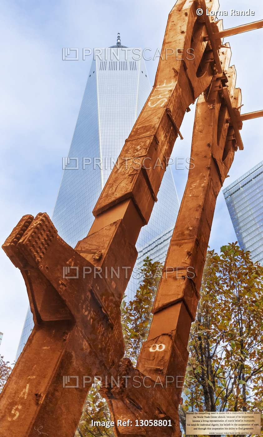 A remnant of the iron pillars from the original World Trade Center laid overtop ...