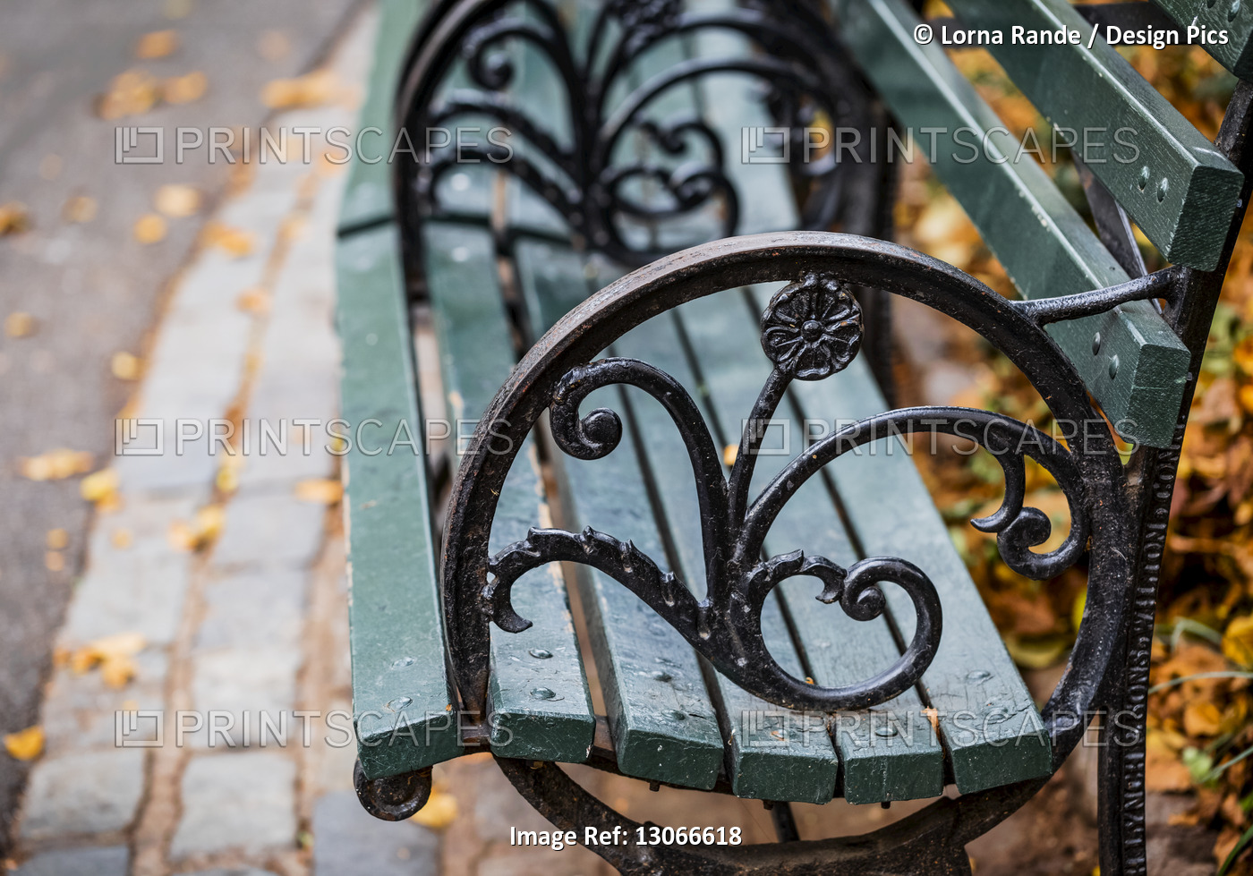 Decorative features on the arm rest of a park bench in Central Park, Manhattan; ...