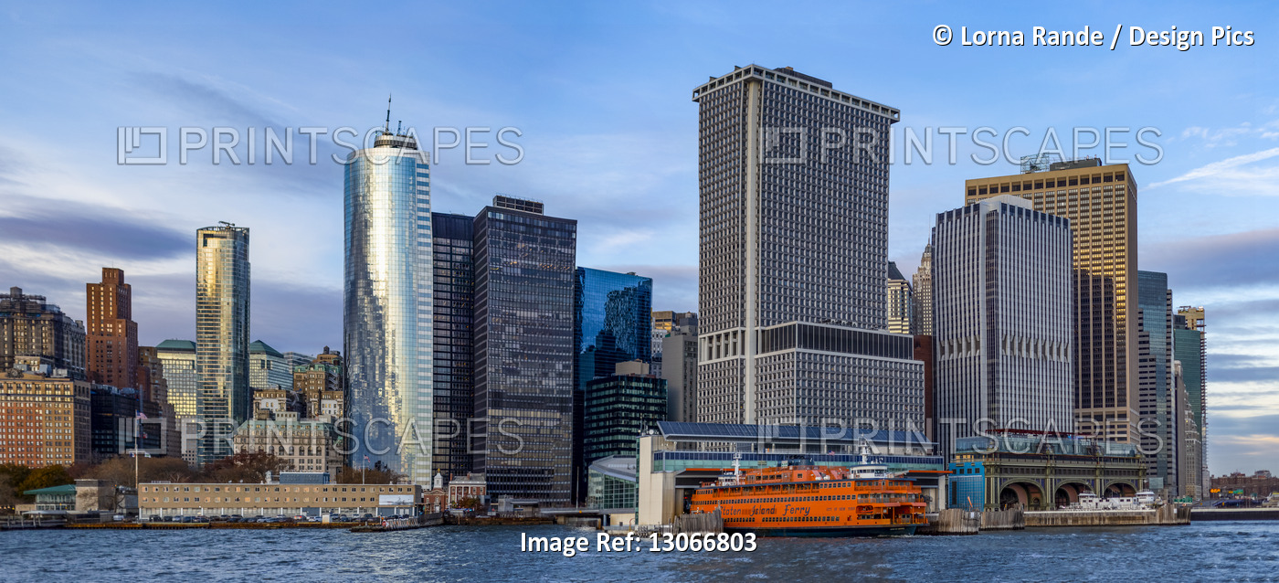 Downtown New York City and the Staten Island Ferry in the Whitehall Terminal; ...