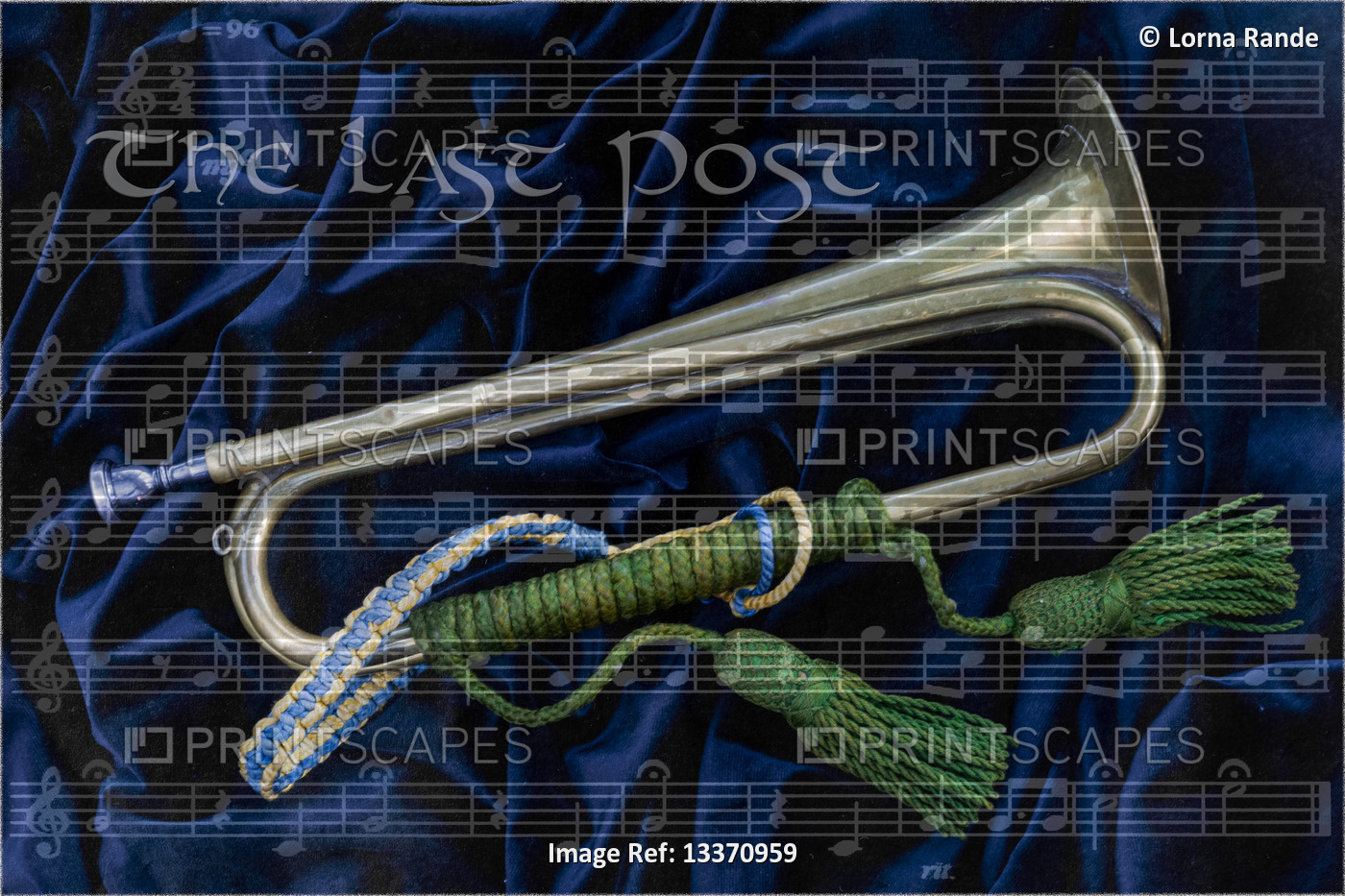 Composite image of bugle and music score; Artwork