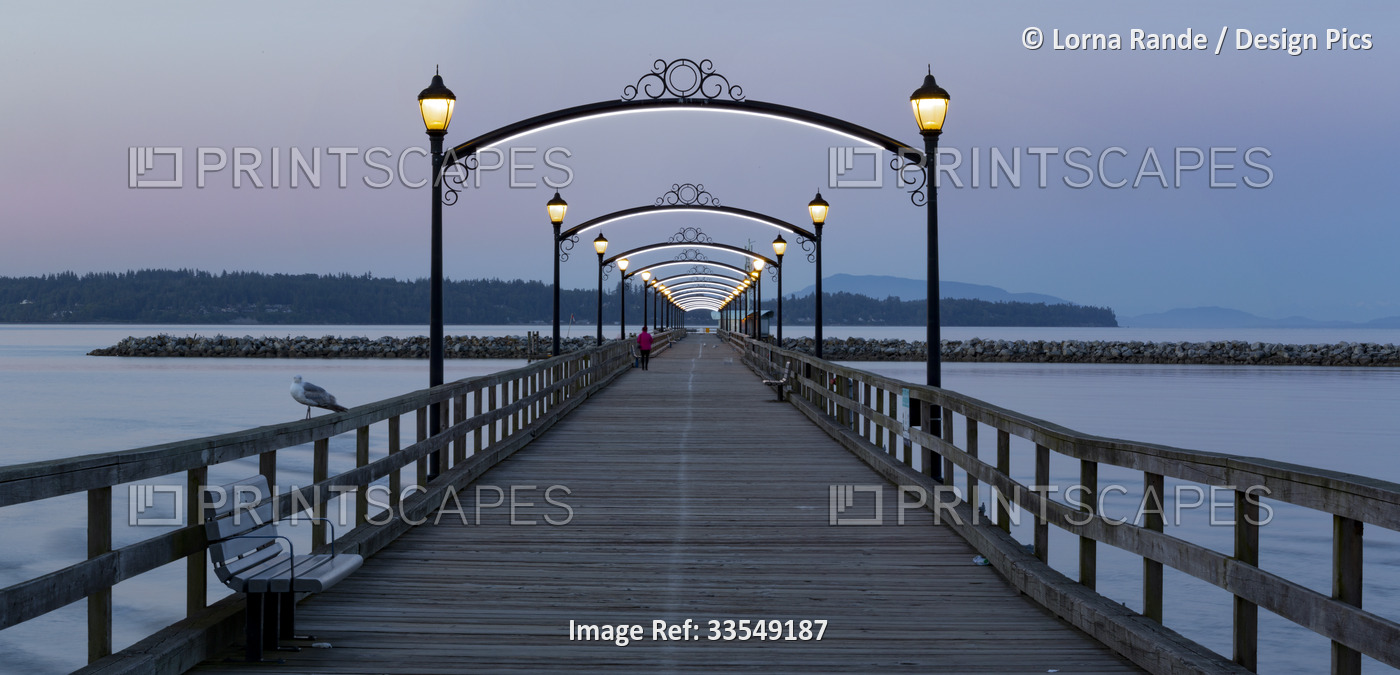 Lights illuminated along the White Rock pier at sunrise in BC, Canada; White ...