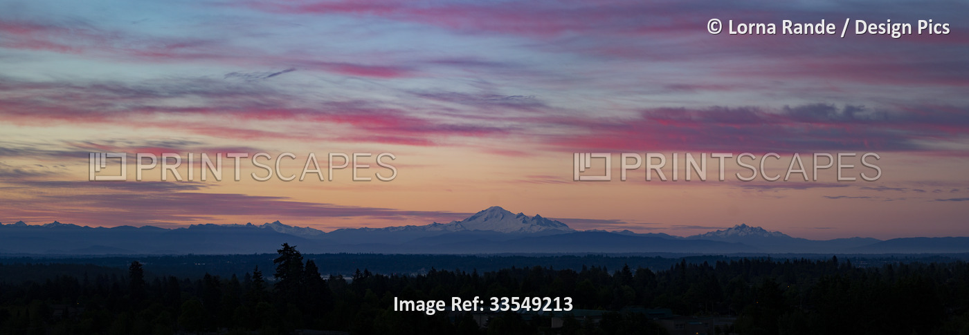 Panoramic view of Mount Baker at sunset with a colourful sky viewed from ...