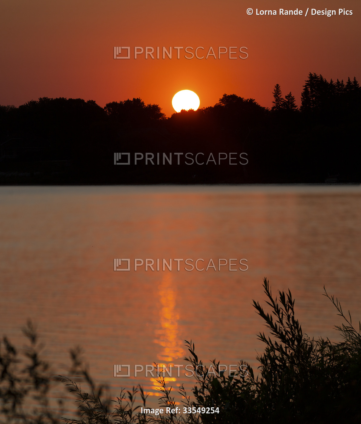 Sun sinking behind silhouetted trees along Red River and reflected in the ...