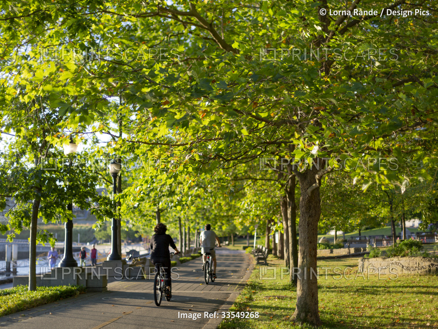 Cyclists enjoy the sunny trail along the Vancouver waterfront; Vancouver, ...