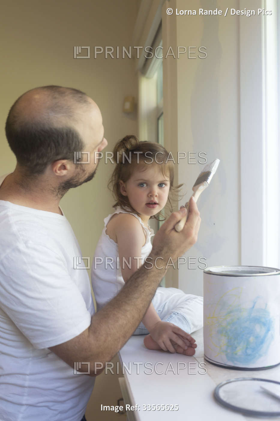 Father with young daughter painting walls at home; North Vancouver, British ...