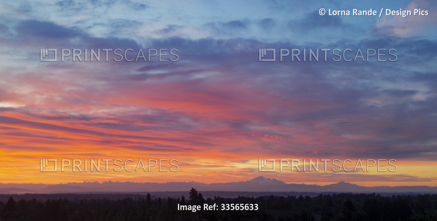 Vibrant and colourful sunrise light over silhouetted Mount Baker, Washington, ...