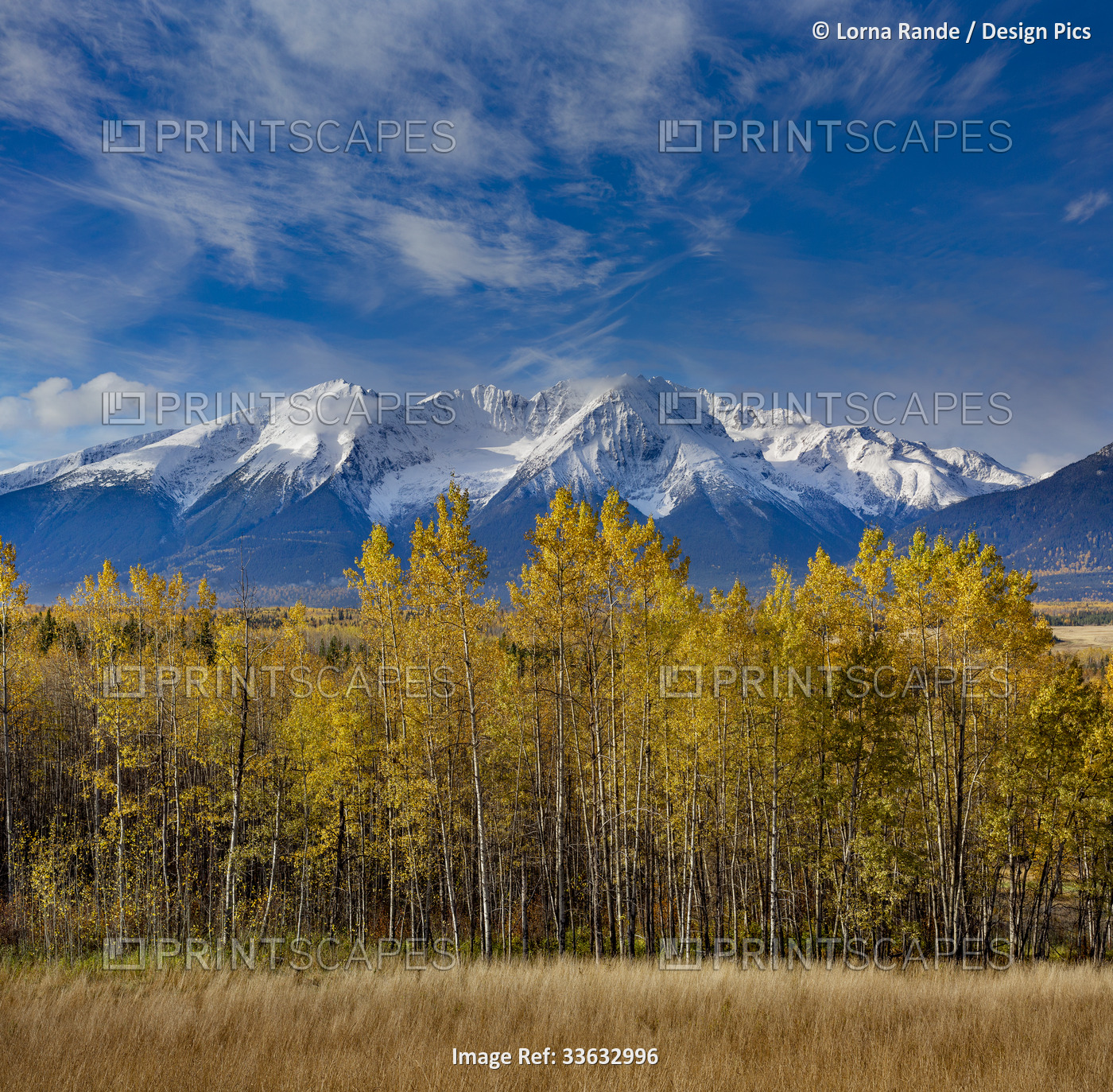 Rugged peaks of a snow-capped Cascade mountain range viewed from a country road ...