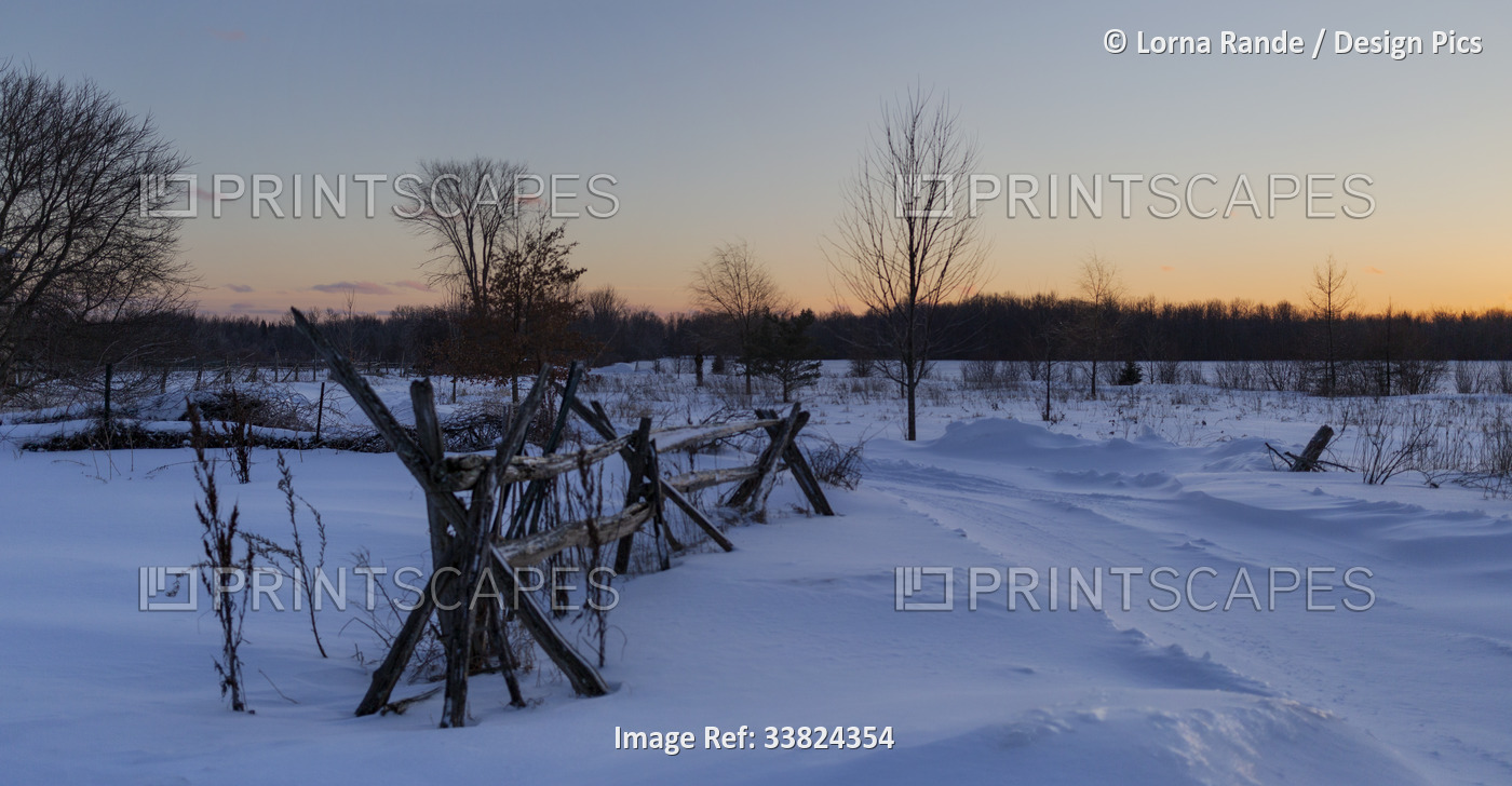 Glowing horizon at sunset over a snowy landscape in winter; Ottawa Valley, ...
