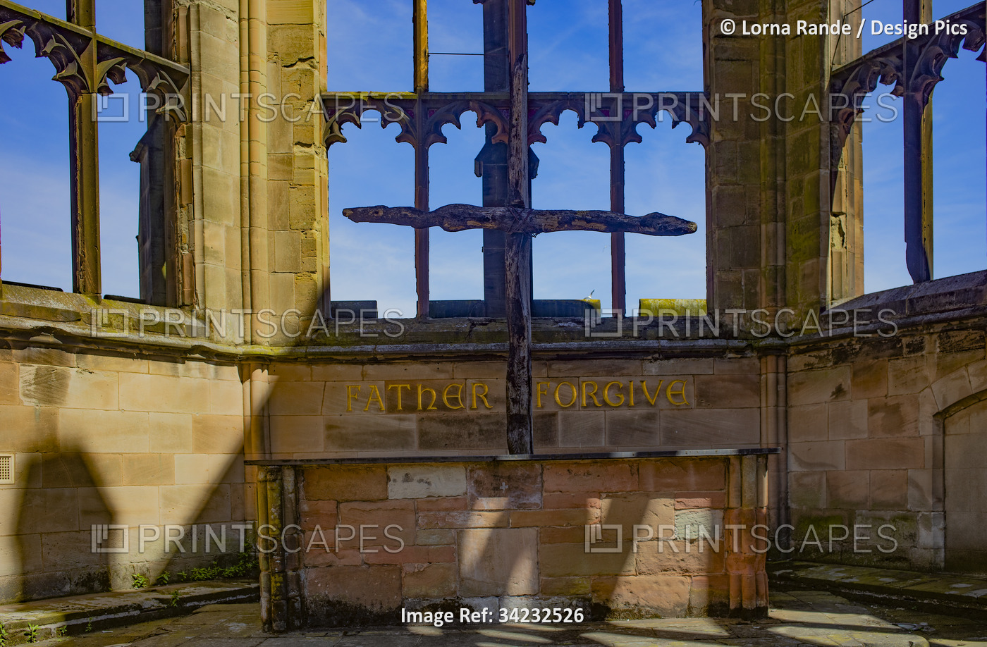 Old remains of the Coventry Cathedral standing in defiance to the 1940 bombing, ...