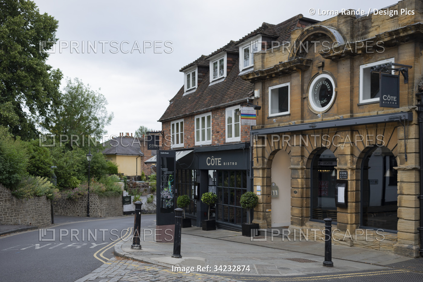 Restaurant in traditional architecture along High Street in Guildford, UK; ...