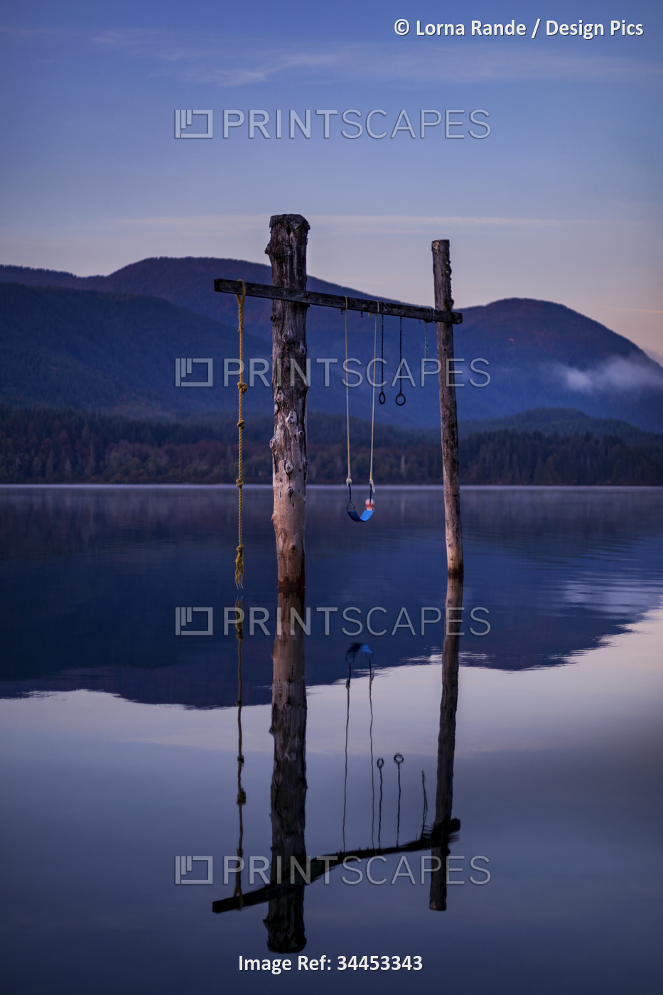 Swing set on wooden posts with swing and rope swing in the tranquil water of ...