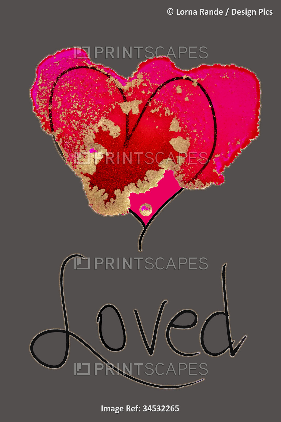 Ink art with a pink, red and gold heart and the word 'Loved'; Artwork