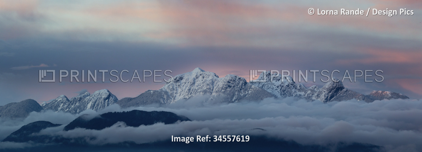 Snow covered, 'Golden Ears' mountain peaks of the Garibaldi Ranges, emerge ...