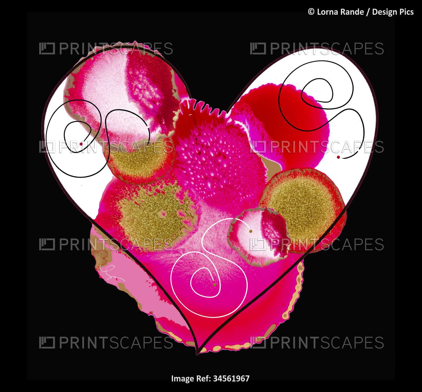 Ink art, Ink Hearts, with pink, red and gold floral influences; Artwork